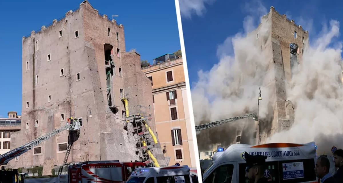 Рим в руинах: Средневековая башня Конти дважды обрушилась в центре города, собрав вокруг себя туристов