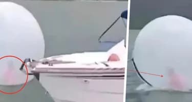 Турист в шоке, когда видит большой пузырь, плывущий по морю, внутри которого находится мальчик Турист в шоке, когда видит большой пузырь, плывущий по морю, внутри которого находится мальчик