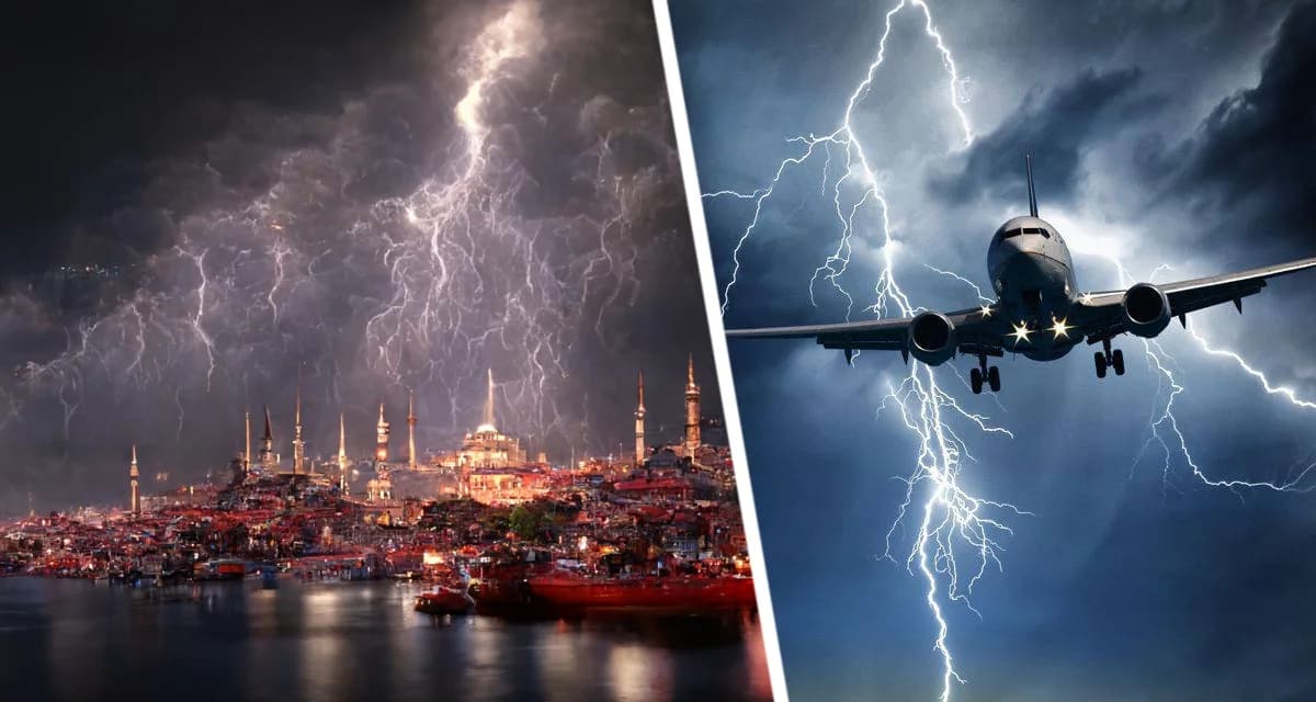 Самолёты кружили над Стамбулом, неспособные приземлиться, а молния ударила в людей Самолёты кружили над Стамбулом, неспособные приземлиться, а молния ударила в людей