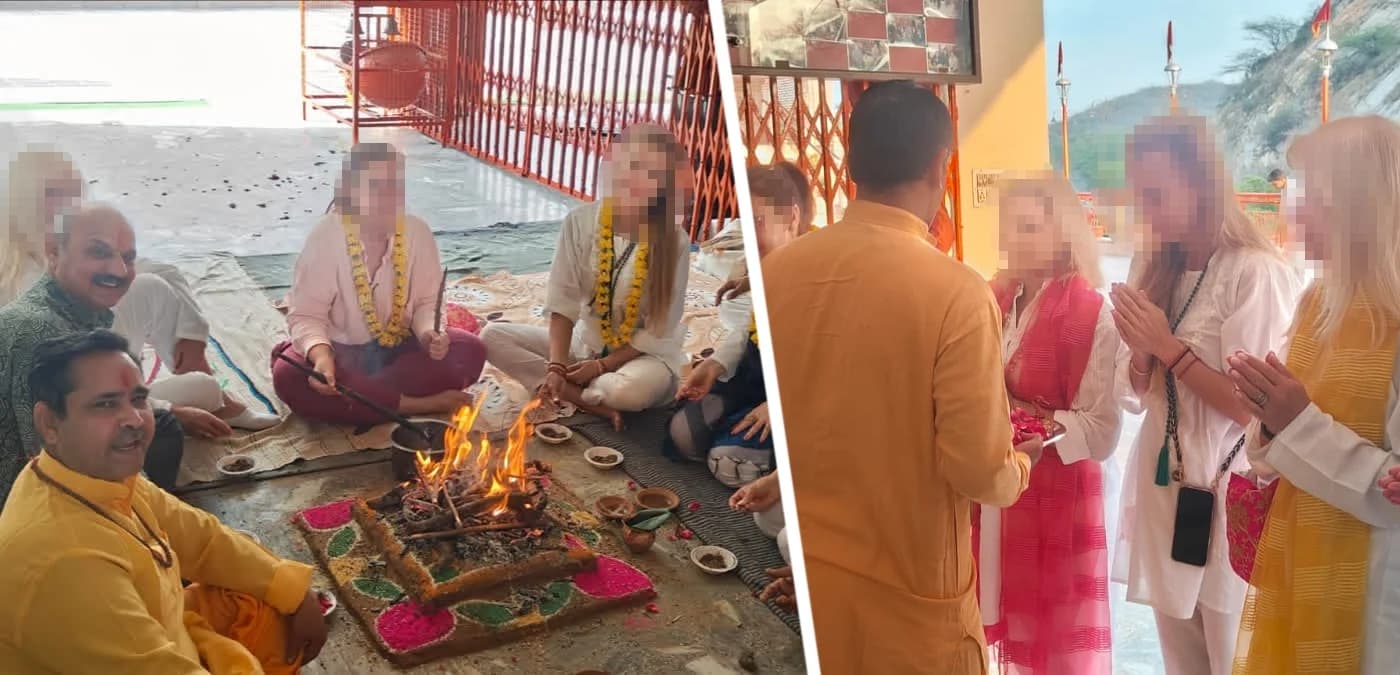 Группа российских туристов исполнила ритуал молитвы в древнем храме Индии Группа российских туристов исполнила ритуал молитвы в древнем храме Индии