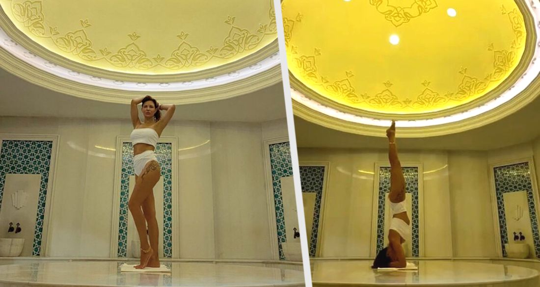 Екатерина Климова в сексуальном бикини встала на голову в бане турецкого отеля