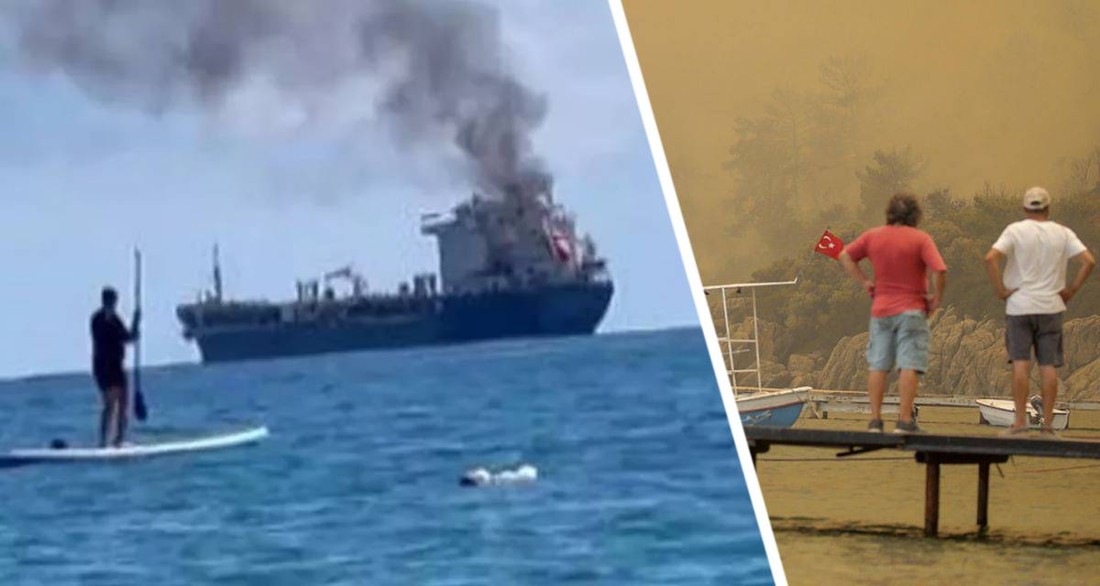 Пожар на танкере вызвал панику у туристов на пляже в Анталии