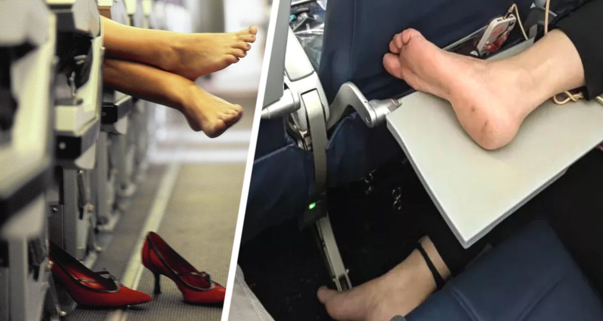 Туристка в самолете положила свои босые ноги на откидной столик, шокировав пассажира