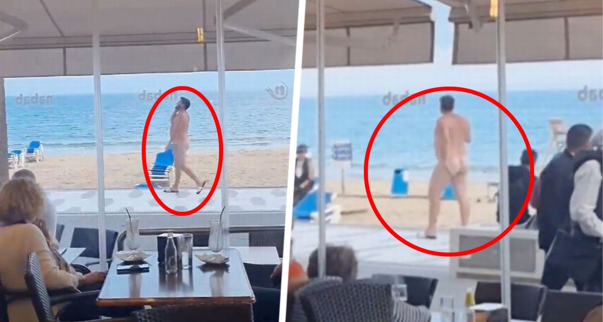 Туристы начали выть от смеха, когда голый мужчина прогуливается по переполненному пляжу курорта