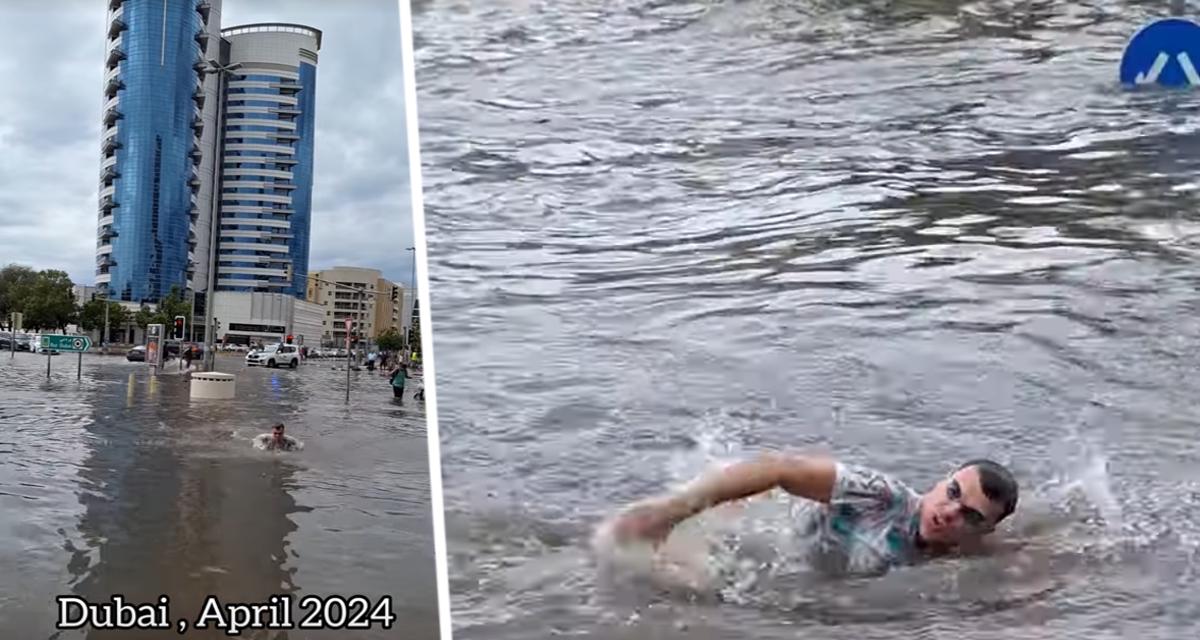 Русский турист устроил заплыв по улицам затопленного Дубая
