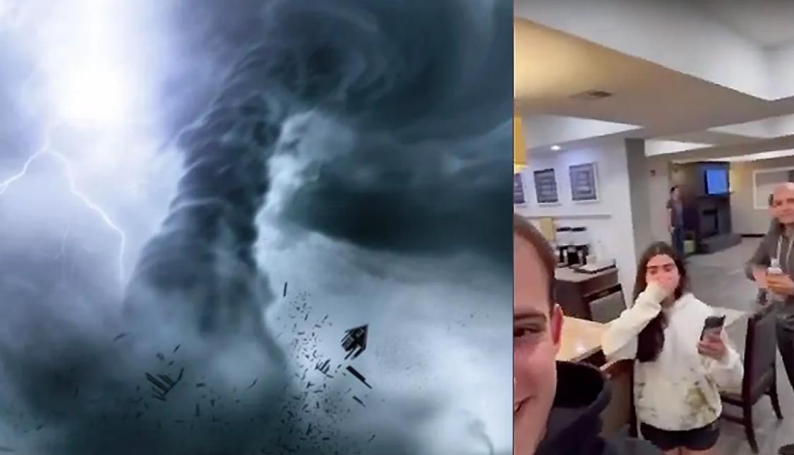 Семья туристов в шоке, когда торнадо срывает и уносит крышу с их отеля