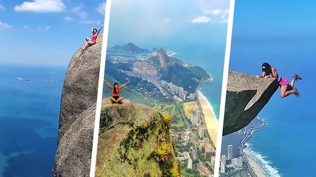 Туристка позирует на самом краю километровой пропасти: Рио-де-Жанейро, вершина Педра-да-Гавеа